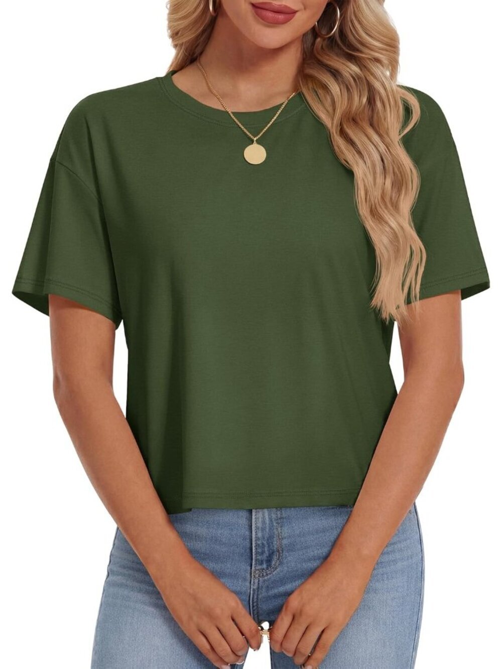 Women's Army Green Short Sleeve Round Neck Summer Casual Loose Cotton Crop Tops